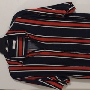 Bershka Blue and Red Striped Button Down Short Sleeve Shirt